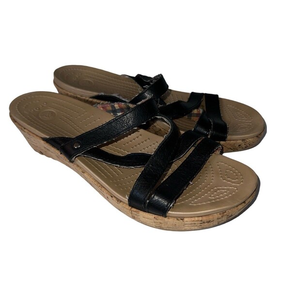 Crocs Sandals Womens size 10 Leigh Wedge Strappy Black Leather Cork open toe - Picture 1 of 9